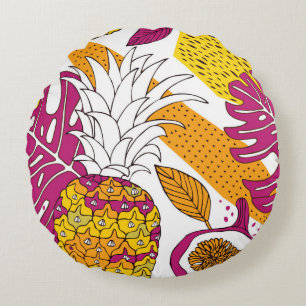 Coussins Ronds Tropical flowers and fruits,bright exotic print