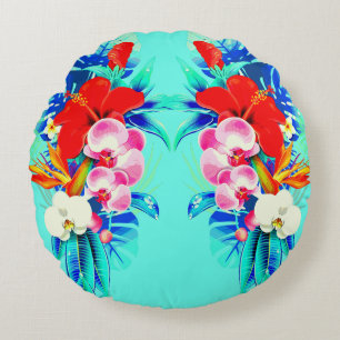 Coussins Ronds Tropical orchidée monstère floral turquoise bleu r