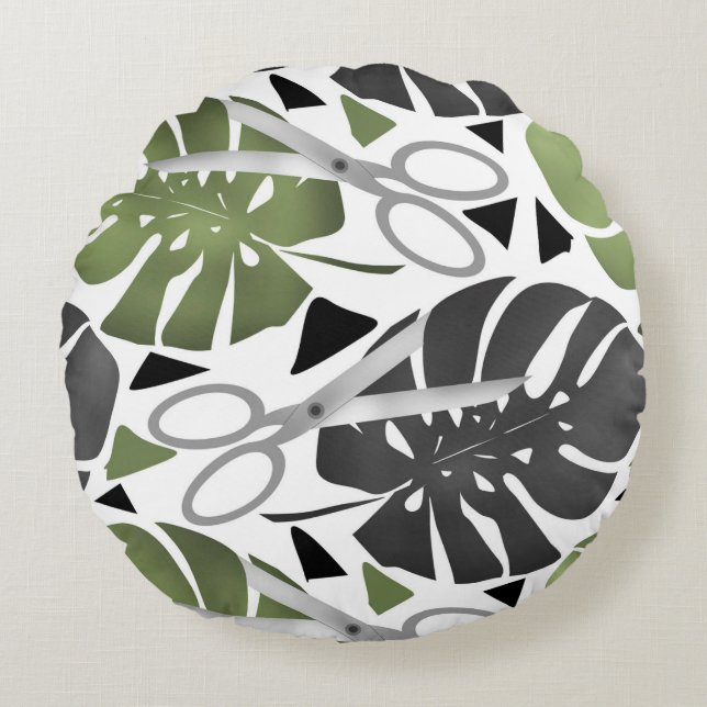 Coussins Ronds Tropical print monstera leaves scissors jungle exo (Devant)