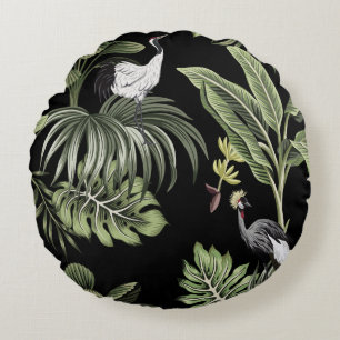 Coussins Ronds Tropical vintage nuit grue, palmiers, interdiction