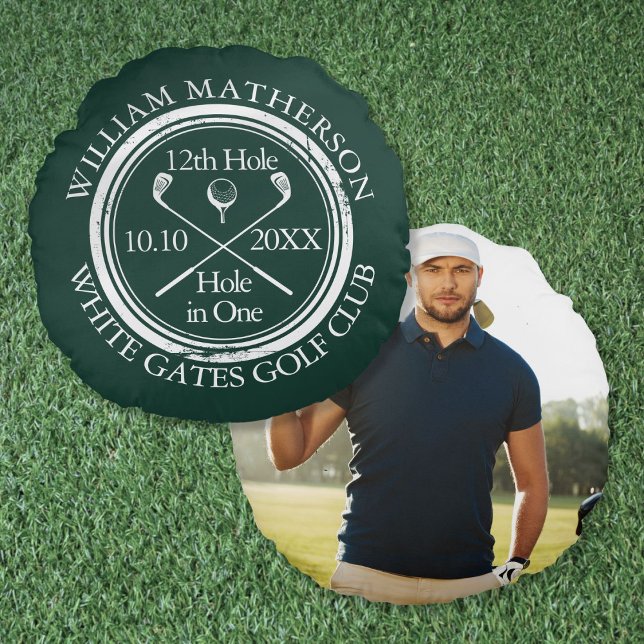 Coussins Ronds Trou de golf personnalisé en une photo Emerald Gre (Custom Golf Hole in One Photo Emerald Green Round Pillow)