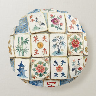 Coussins Ronds Tuiles de Mahjong Chinoiserie Fleurs Aquarelles Oi