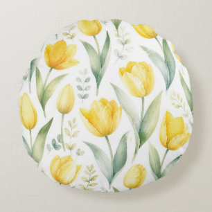 Coussins Ronds Tulipes jaunes Peinture florale aquarelle Botaniqu