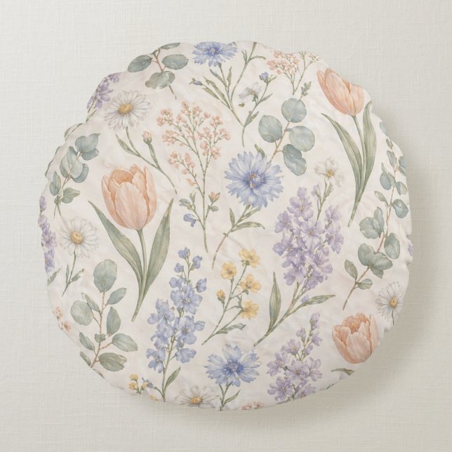 Coussins Ronds Tulipes Lilas Aquarelle Prairie de Printemps Paste (Devant)