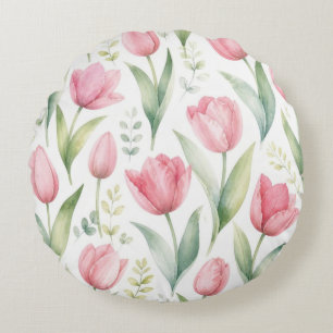 Coussins Ronds Tulipes roses Peinture florale aquarelle botanique