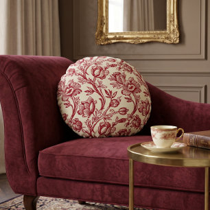 Coussins Ronds Tulipes Rouge et Crème Toile - Décor de Campagne F