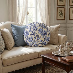 Coussins Ronds Tulipes Toile Bleu et Crème Décoration de Campagne