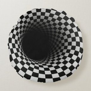 Coussins Ronds Tunnel d'illusion optique en noir et blanc