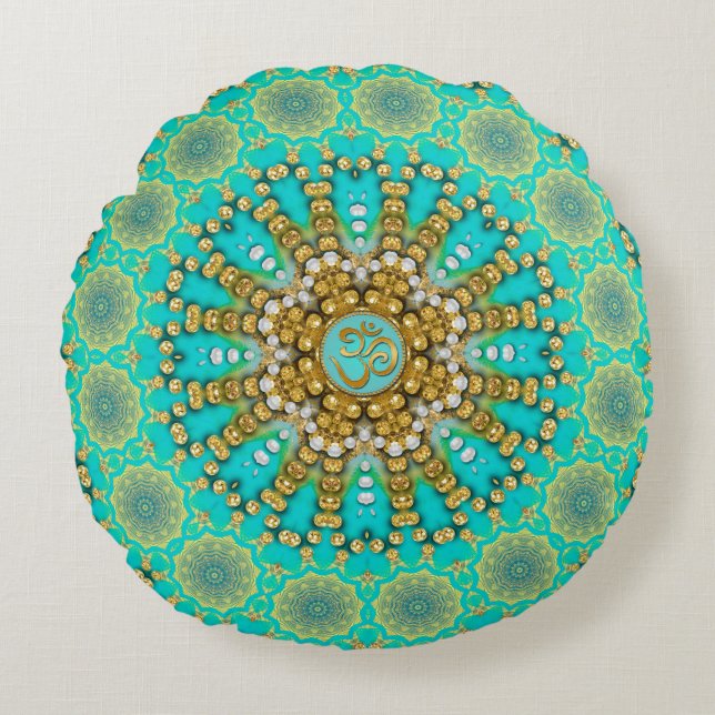Coussins Ronds Turquoise Aqua Gold Bohemian Mandala OM Yoga (Devant)