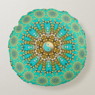 Coussins Ronds Turquoise Aqua Gold Yin Yang Beach Mandala