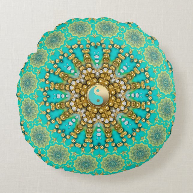 Coussins Ronds Turquoise Aqua Gold Yin Yang Beach Mandala (Devant)