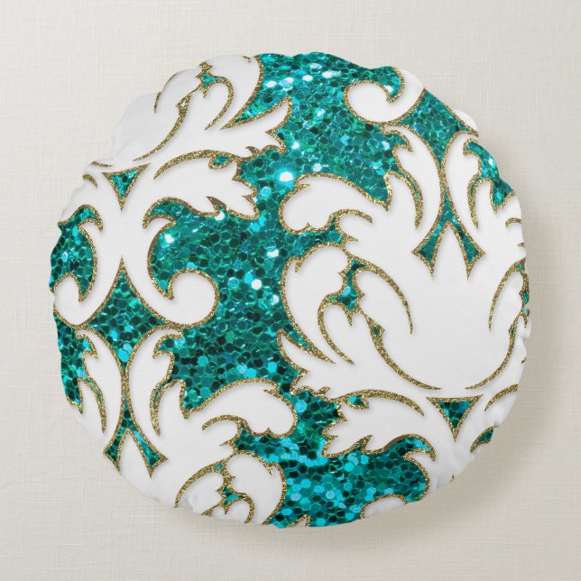 Coussins Ronds Turquoise Bling Damask (Devant)