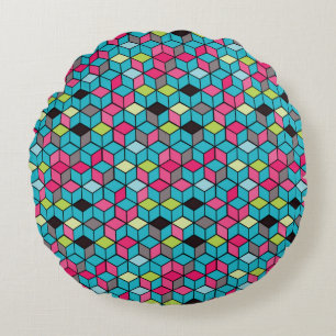 Coussins Ronds Turquoise et motif rose de cube