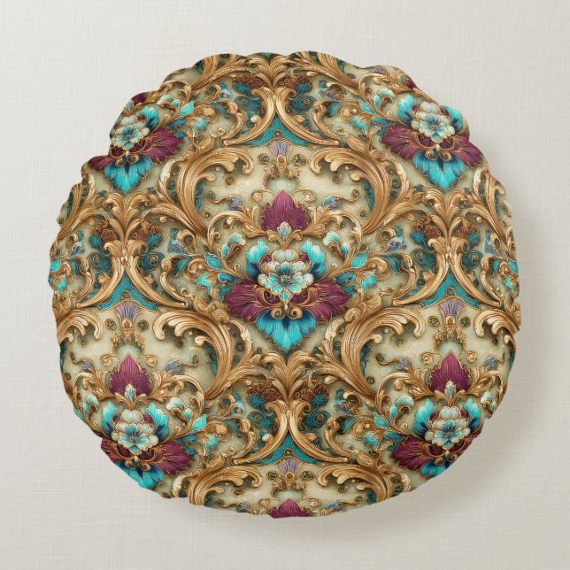 Coussins Ronds Turquoise & Gold Ornate Damask (Devant)