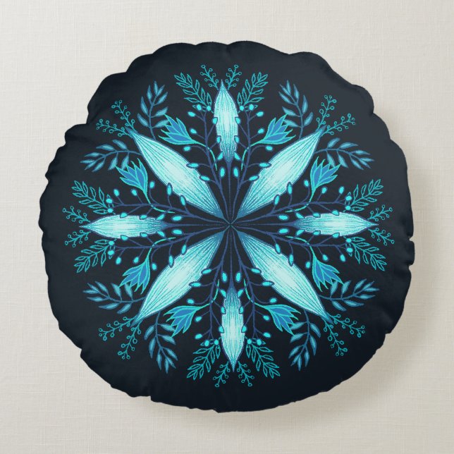 Coussins Ronds Turquoise Mandala - Fleur de flocon de neige bleu  (Devant)