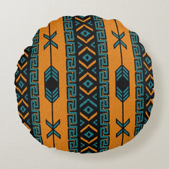 Coussins Ronds Turquoise Orange Sud-Ouest Tribal Aztec Motif (Devant)