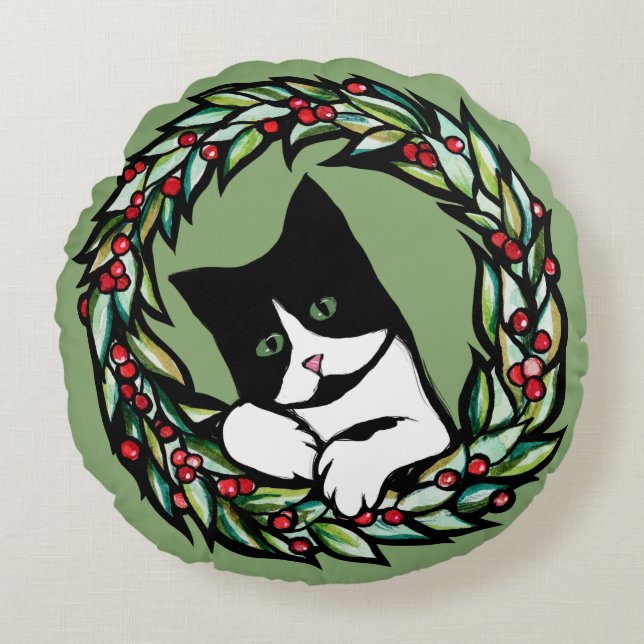 Coussins Ronds Tuxedo Cat Christmas Yule Holiday Cats Catmas Art  (Devant)