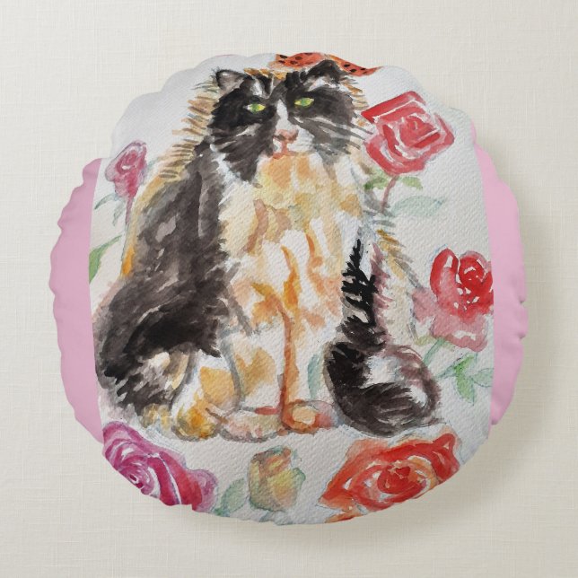 Coussins Ronds Tuxedo Chat Cute Rose Fleurs Chats Aquarelle Rose (Devant)