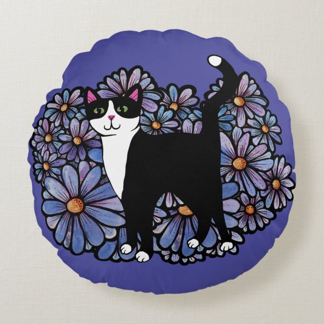 Coussins Ronds Tuxedo Chat Purple Daisies Art (Devant)