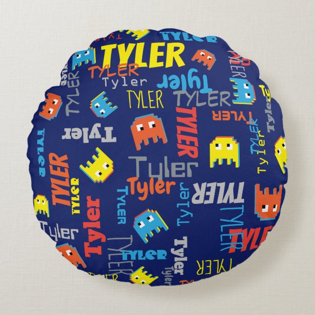 Coussins Ronds Tyler nom personnalisé pixel gaming bleu graphique (Devant)