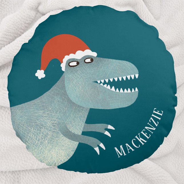 Coussins Ronds Tyrannosaurus Rex Noël Santa Hat Personnalisé (Tyrannosaurus Rex dinosaur in a Christmas Santa Hat personalized name pillow)