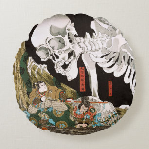 Coussins Ronds Ukiyo-e vintage : l'art du spectre de squelette de
