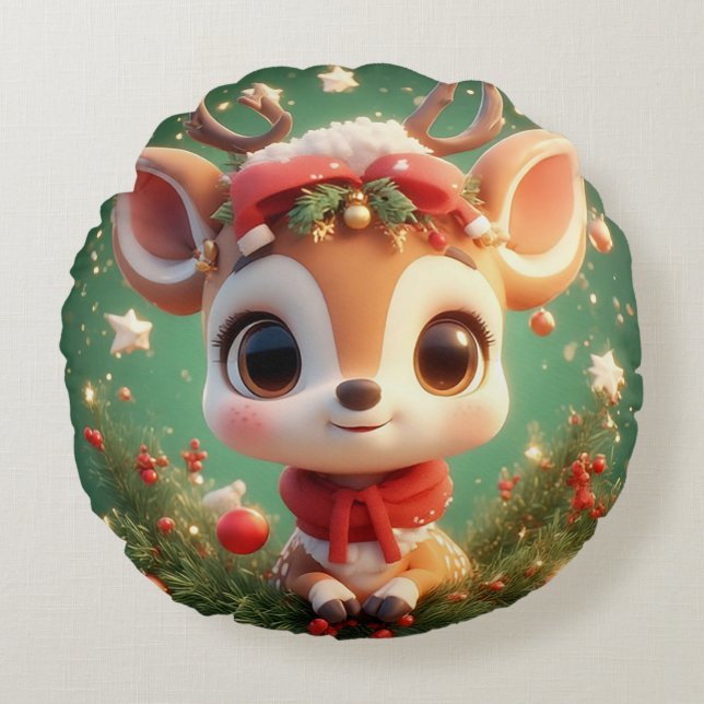 Coussins Ronds Un adorable cerf de caricature dans un Noël festif (Devant)