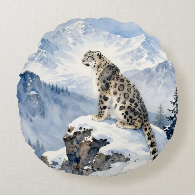 Coussins Ronds Un léopard des neiges sur un pic enneigé (Devant)