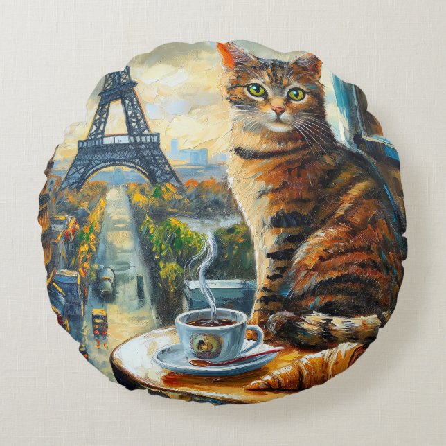 Coussins Ronds Un matin à Paris | Chat tigré dans un café (Devant)
