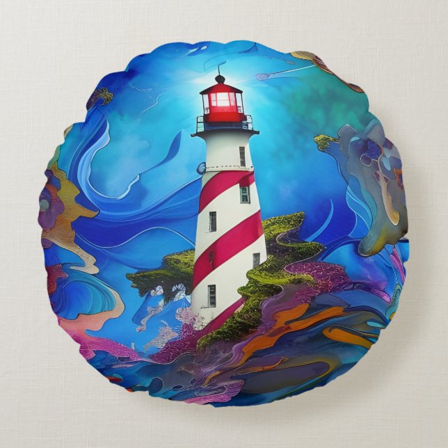Coussins Ronds Un phare dans une affiche de tempête (Devant)