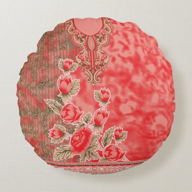 Coussins Ronds une écharpe rouge avec des fleurs dessus (Devant)
