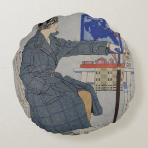 Coussins Ronds Une femme au café avec peinture Vintage parapluie