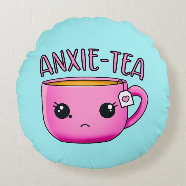 Coussins Ronds Une tasse d'ANXIE-TEA Kawaii Tea drôle de jeu d'an (Devant)