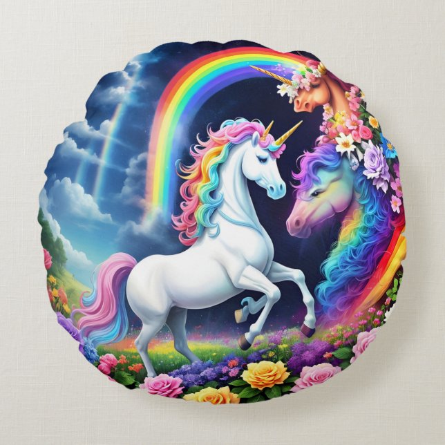 Coussins Ronds Unicorne arc-en-ciel une (Devant)