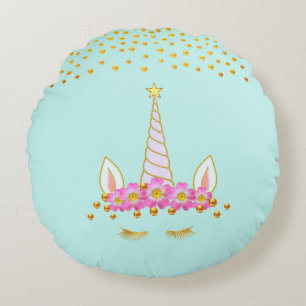 Coussins Ronds Unicorne d'or, Fleurs et Confetti d'or sur Turquoi
