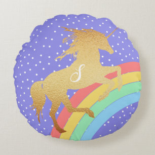 Coussins Ronds Unicorne d'or sur Pastel Rainbow Couleur personnal