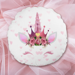Coussins Ronds Unicorne florale rose sur les coeurs Valentine