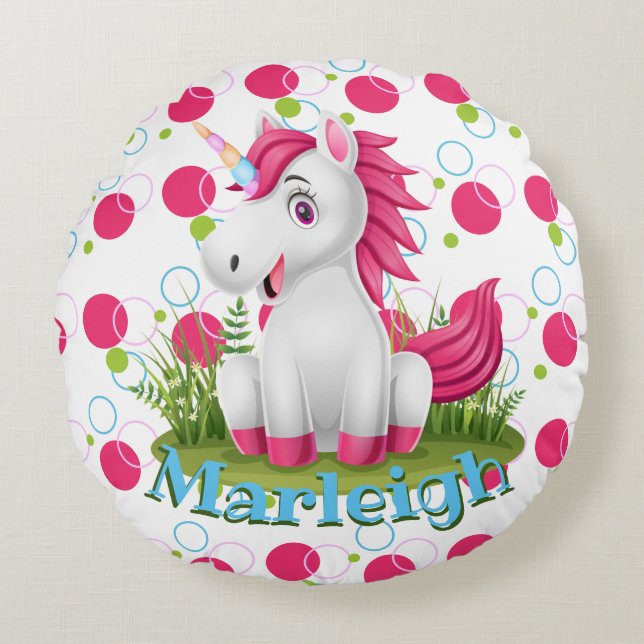 Coussins Ronds Unicorne mignonne avec nom Oreiller à lancer rond (Devant)