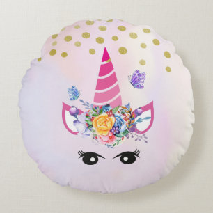 Coussins Ronds Unicorne tendance avec Fleurs Papillons & Confetti