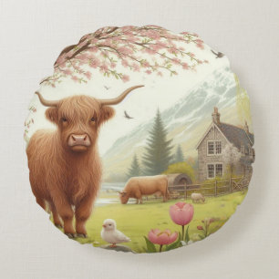Coussins Ronds Vache des hautes terres mignonne, florale/printani