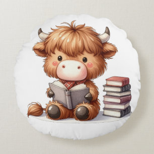 Coussins Ronds Vache des Highlands lisant des livres