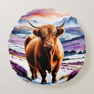 Coussins Ronds Vache des Highlands Neige Aquarelle Texte personna