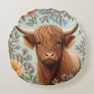 Coussins Ronds Vache des Highlands Pastel Floral Inspiré de Willi