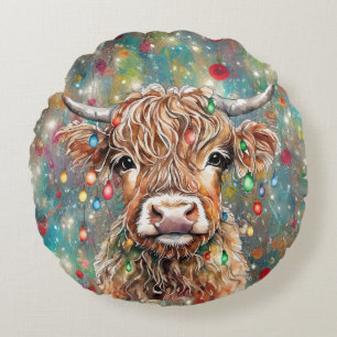 Coussins Ronds Vache Highland avec les lumières de Noël Vacances