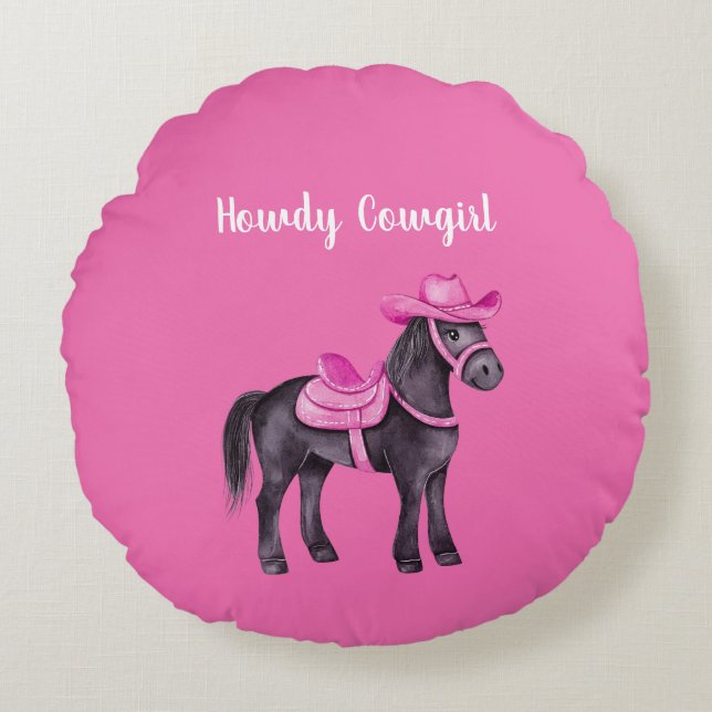 Coussins Ronds Vachette Rose Howdy Cheval (Devant)