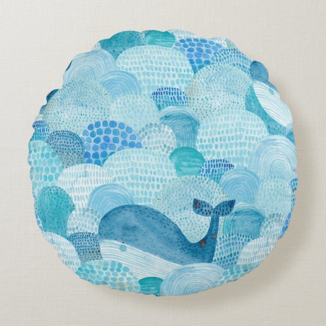 Coussins Ronds Vagues, baleine, texture bleu enfantine (Devant)