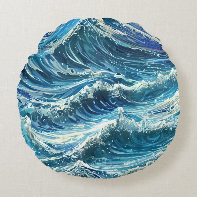 Coussins Ronds Vagues de l'océan bleu (Devant)