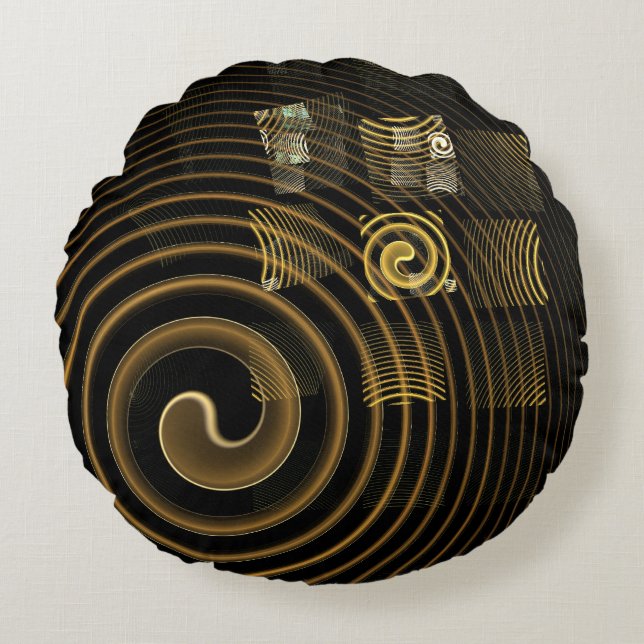 Coussins Ronds Vagues dorées hypnotiques Art abstrait moderne (Devant)