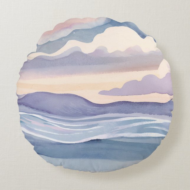 Coussins Ronds Vagues océaniques rêveuses | Aquarelle (Devant)