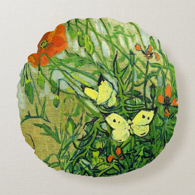 Coussins Ronds Van Gogh - Papillons et Pavots (Devant)